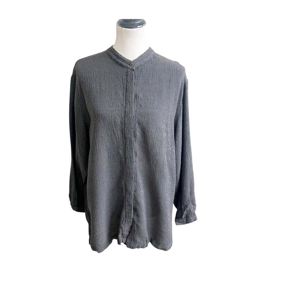 Eileen Fisher Shacket Women's L Gray Crinkle Textured Mandarin Collar Lagenlook